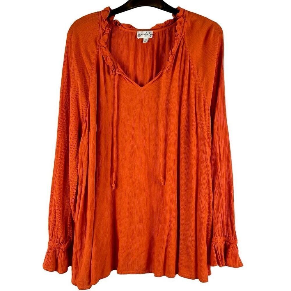 Wonderly Women’s Orange Long Sleeve V-neck Blouse 2X